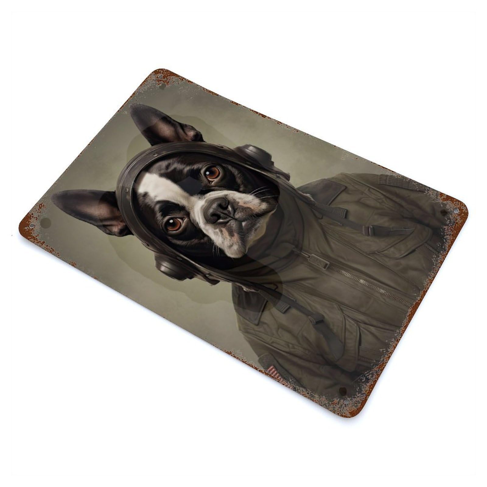 Boston Terrier Soldier Vintage Wall Sign 11.8"x7.9", Rust Effect Metal Decor for Living Room, Hallway And Home Decor