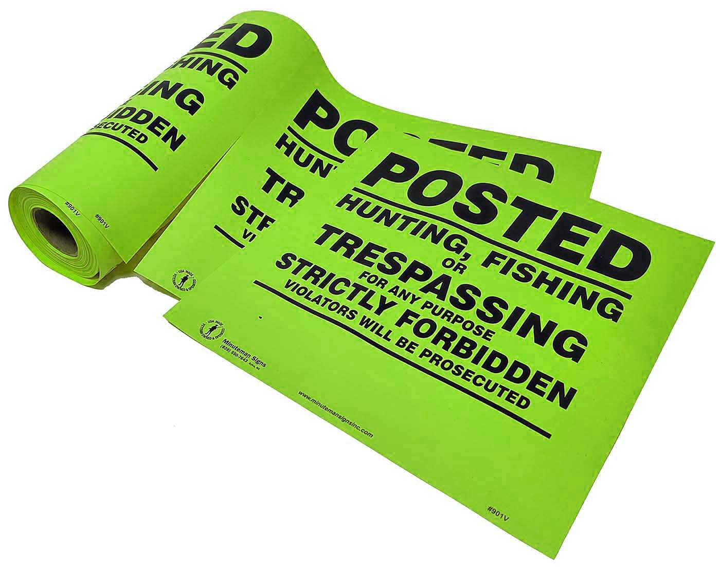 Minuteman Signs | No Trespassing, No Hunting, No Fishing, Vinyl Signs on a roll, 50 count (Lime Green)
