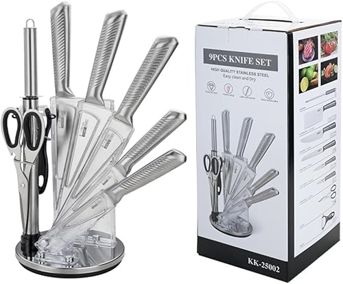 Juego de cuchillos de acero inoxidable de 9 piezas, cuchillos de cocina profesionales con soporte transparente, cuchillo de chef, cuchillo