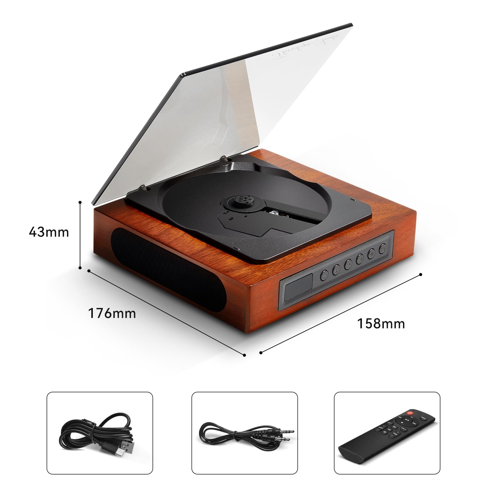 DVP-560 Retro Lettore CD portatile per la casa, lettore CD in legno con doppio altoparlante e decorazione per la casa, telecomando, batteria ricaricabile 6-8 H, uscita SPDIF, Bluetooth, regalo