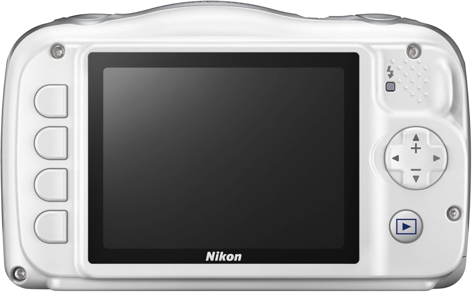 Zadní view of the white Nikon Coolpix W150 digital camera, displaying the LCD screen and control buttons.