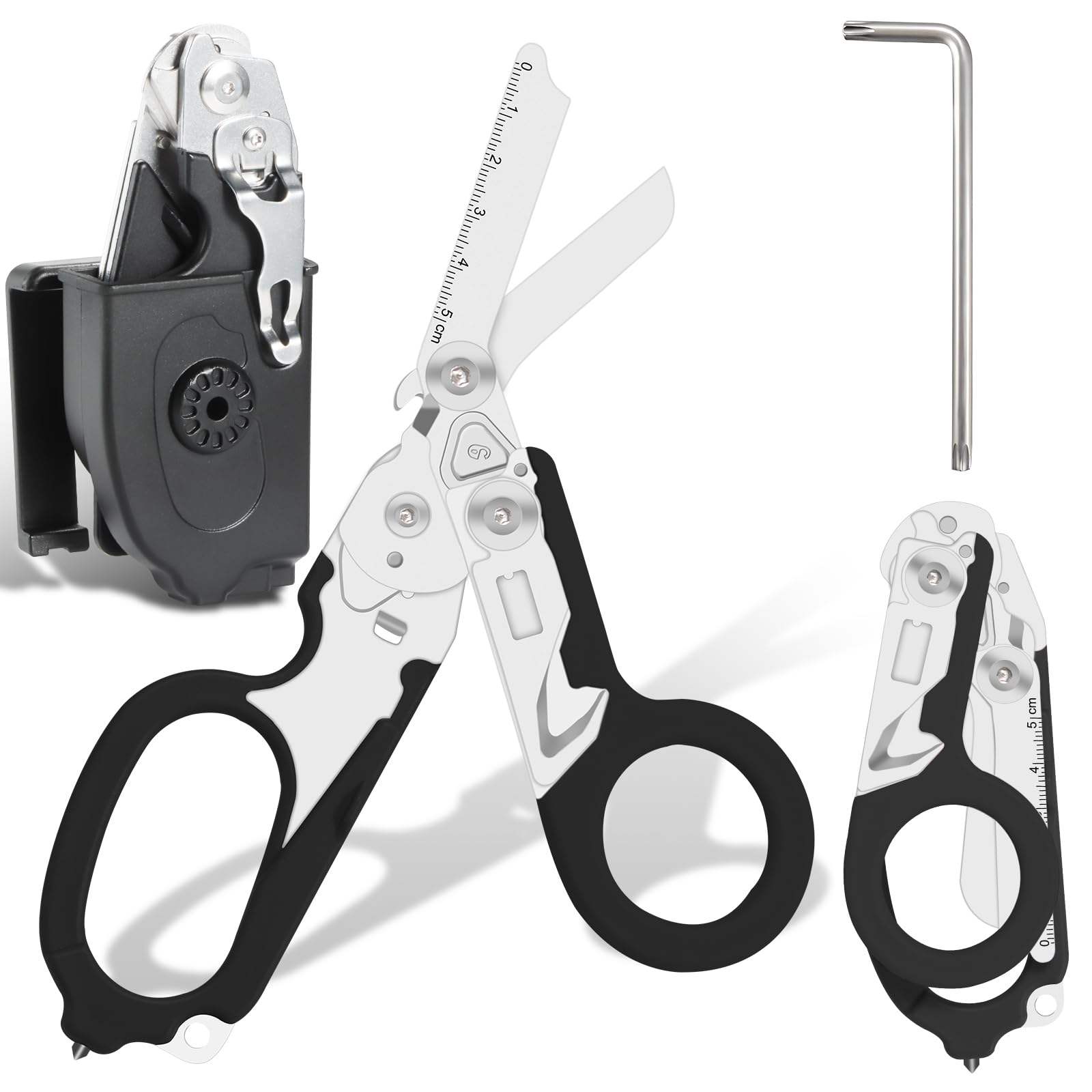 Tijeras de emergencia, tijeras para traumatismos, tijeras de rescate multiherramienta con 6 funciones prácticas, alicates de tijera plegables con funda,alicates tácticos plegables
