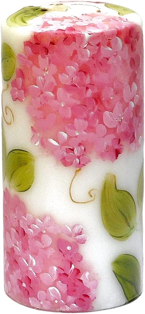 Beautiful Large Tall Decorative Romantic Hand Painted Pink Hydrangea Flower White Pillar Candle with Golden Swirls Big Floral Pillared Candlesticks Shabby Chic Spring Summer Home Decor