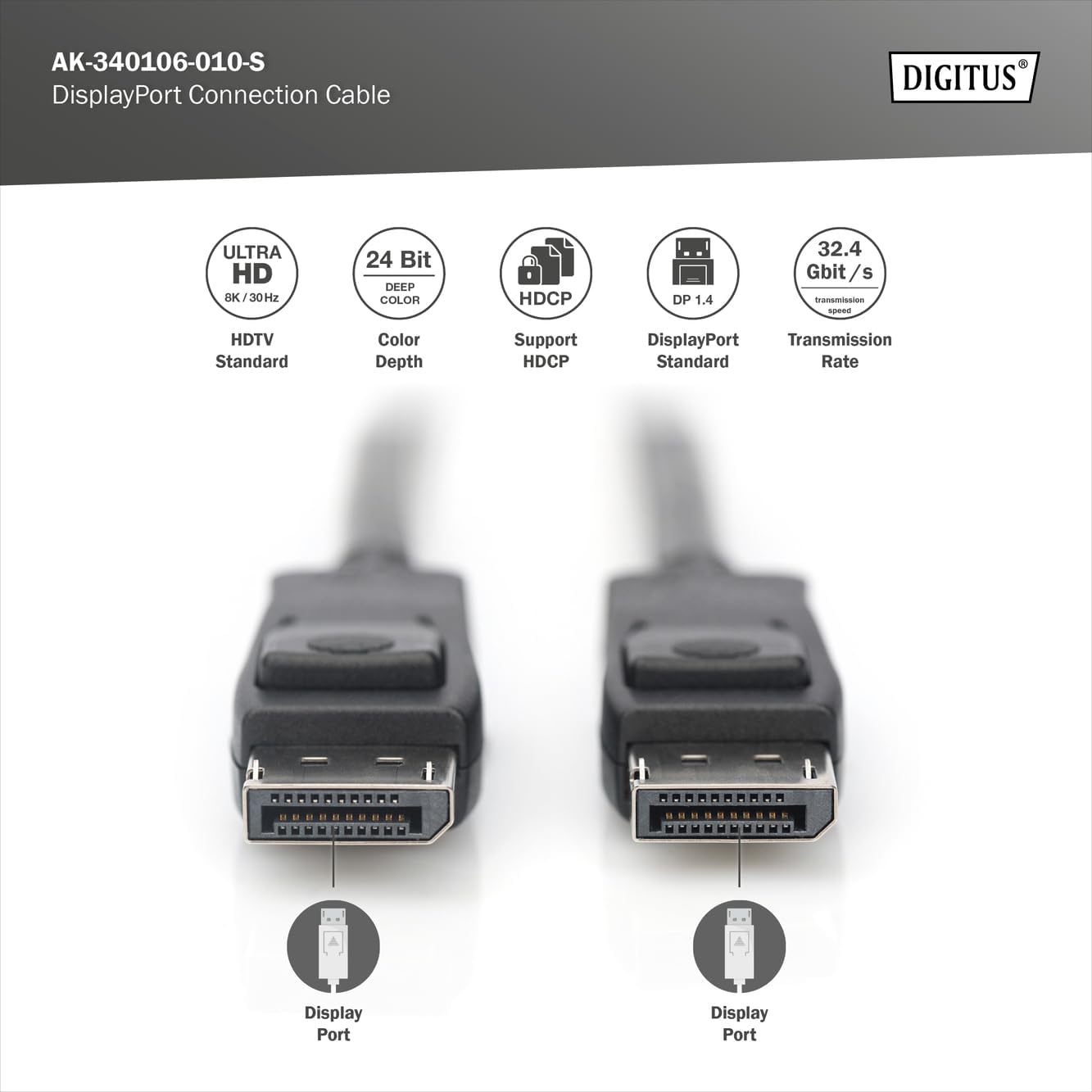 DIGITUS DisplayPort Connection Cable, DP M/M, 1.0m,w/Lock, UHD 8K, Vers. 1.3/1.4, bl
