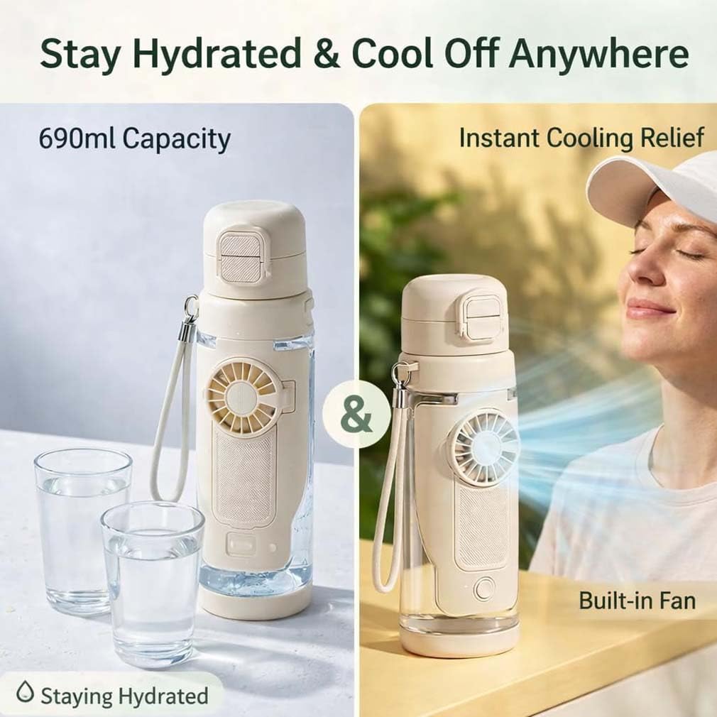 2-in-1 Water Bottle with Built-in Foldable Fan,Tragbare Doppel-Trinkflasche Kühlfunktion Wasserflasche mit Ventilator 3 Geschwindigkeitsstufen,Tragbarer Ventilator Trinkflasche für Reisen (Weiß)