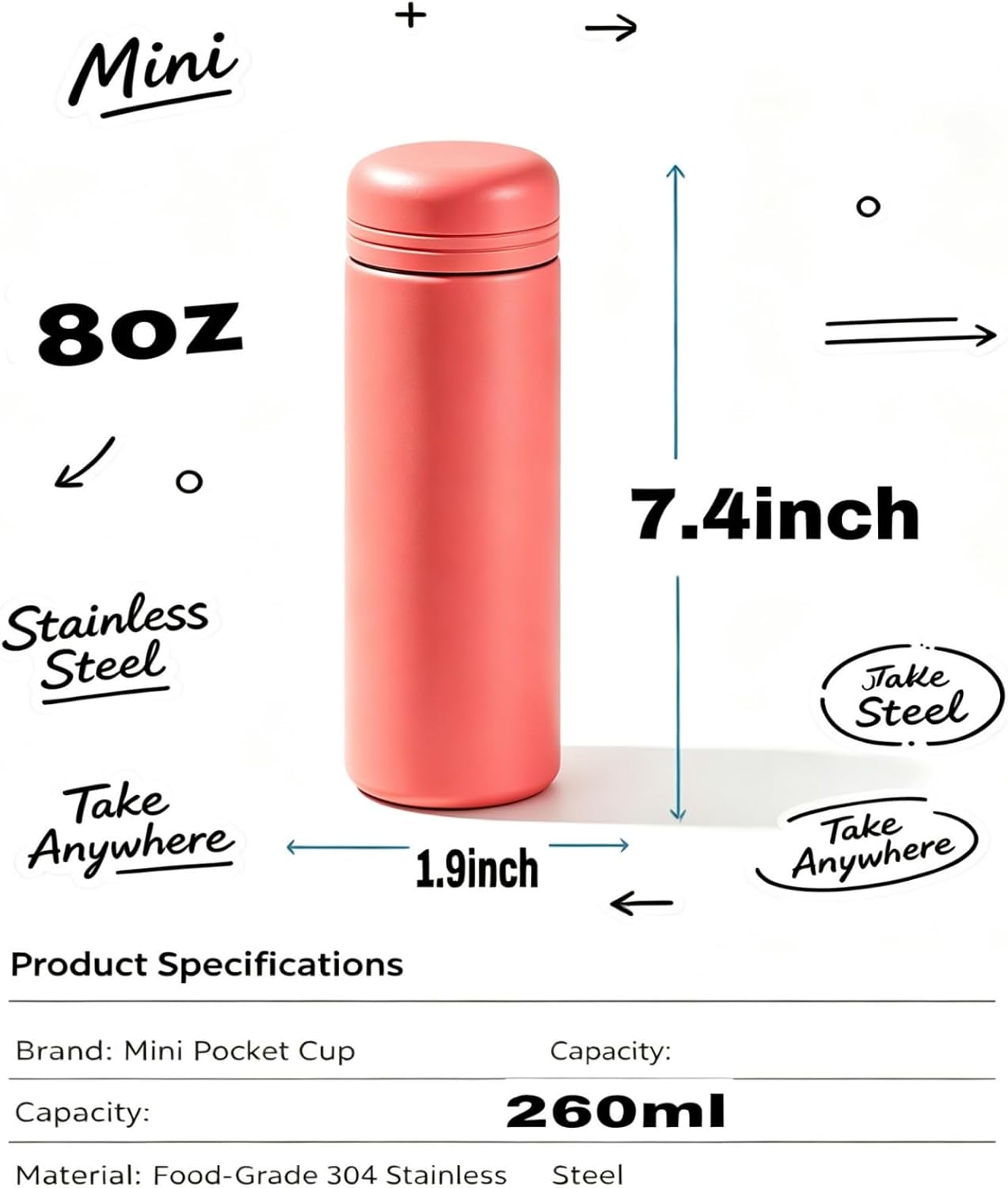 8.5oz Ultra Compact Stainless Steel,Cute Bottle, Mini Pocket Flask, Tiny Insulated Water Bottle, Mini Coffee Mug(Watermelon red 8.5oz)