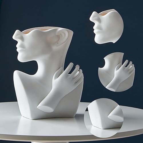 Miniatura 7 de FJS Florero de cara blanco único para decoración del hogar, moderno jarrón femenino de resina para sala de estar, dormitorio, barra de café, mesa,