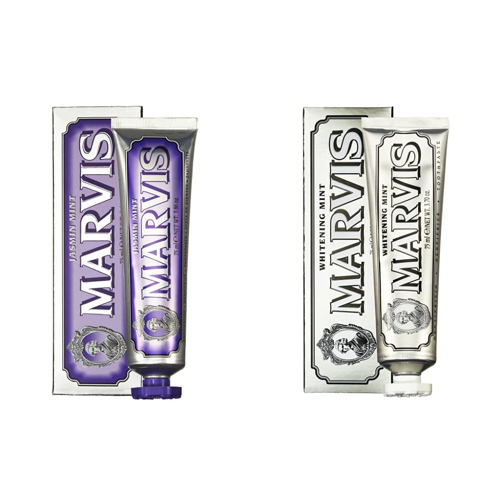 Marvis White Mint Toothpaste, Refreshing Mint Flavor, Oral Care, Made in Italy, 2.5 fl oz (75 ml) + MARVIS Jasmine Mint Toothpaste, Oral Care Made in Italy 2.5 fl oz (75 ml)