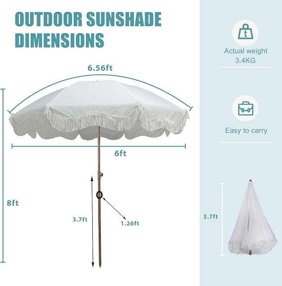 White Portable Beach Umbrella 6ft Outdoor Umbrella with Fringe Patio Umbrella with 8 Sturdy Ribs and 45 Tiltable Pool Umbrella UPF50+ Table Umbrella for Garden Backyard Lawn Deck