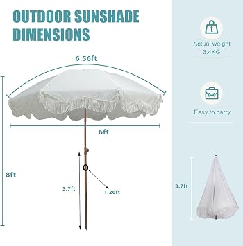 White Portable Beach Umbrella 6ft Outdoor Umbrella with Fringe Patio Umbrella with 8 Sturdy Ribs and 45 Tiltable Pool Umbrella UPF50+ Table Umbrella for Garden Backyard Lawn Deck