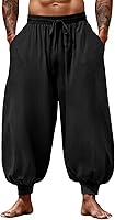 Runcati Men's Baggy Harem Pants - Elastic Waist Drawstring Cotton Linen Hippie Boho Yoga Beach Trousers