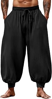 Runcati Mens Harem Pants Casual Elastic Waist Drawstring Baggy Hippie Trousers Cotton Linen Boho