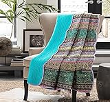 Stitching Reversible Floral Patchwork Quilted Throw Blue Jacquard