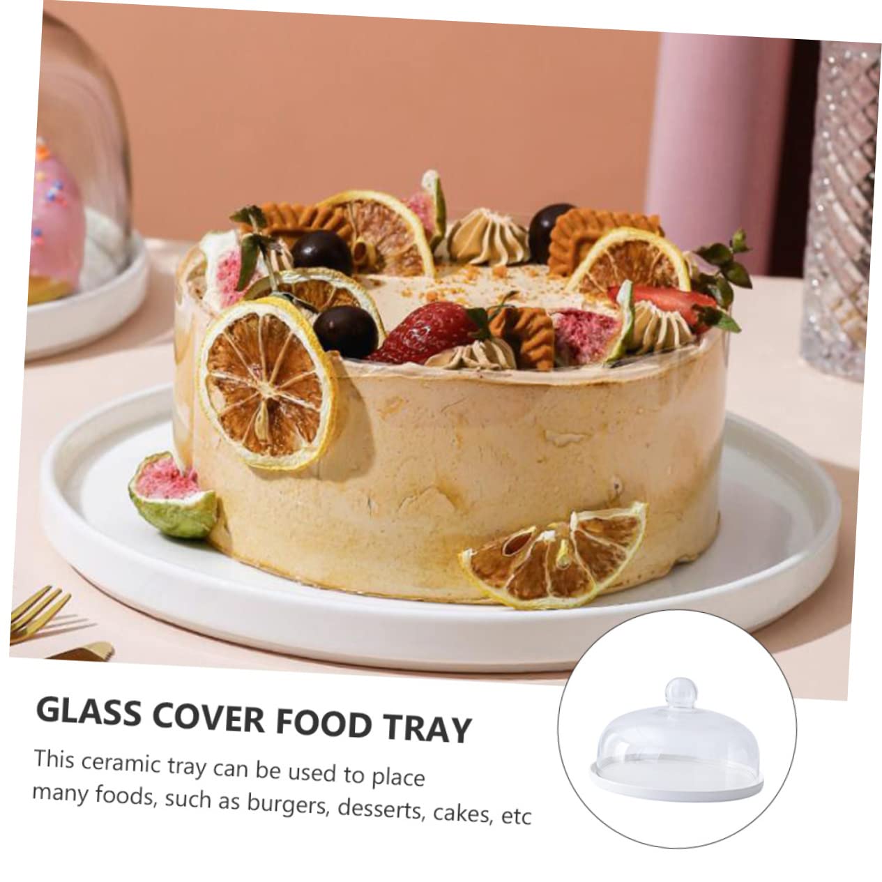 Plato de Cerámica para Tartas con Bandeja para Servir y Tapa de Vidrio Transparente de Bandeja Antipolvo para Repostería y Pastelería para Exhibición de Postres y Frutas Cocina y