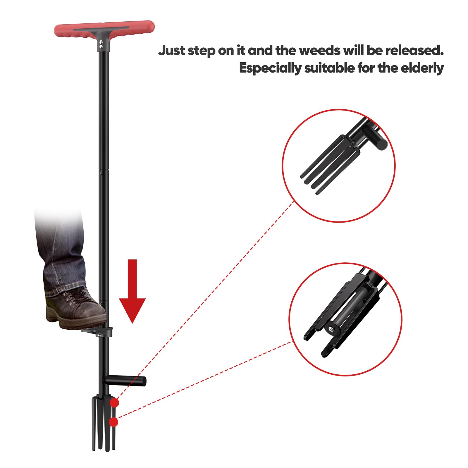 FLORA GUARD Escardador Manual, Extractora de Malas Hierbas 90 cm, con Cuatro Garras para Eliminación Eficaz, Garras y Pedal de Acero Inoxidable Reforzado y Templado, Herramienta de Jardín