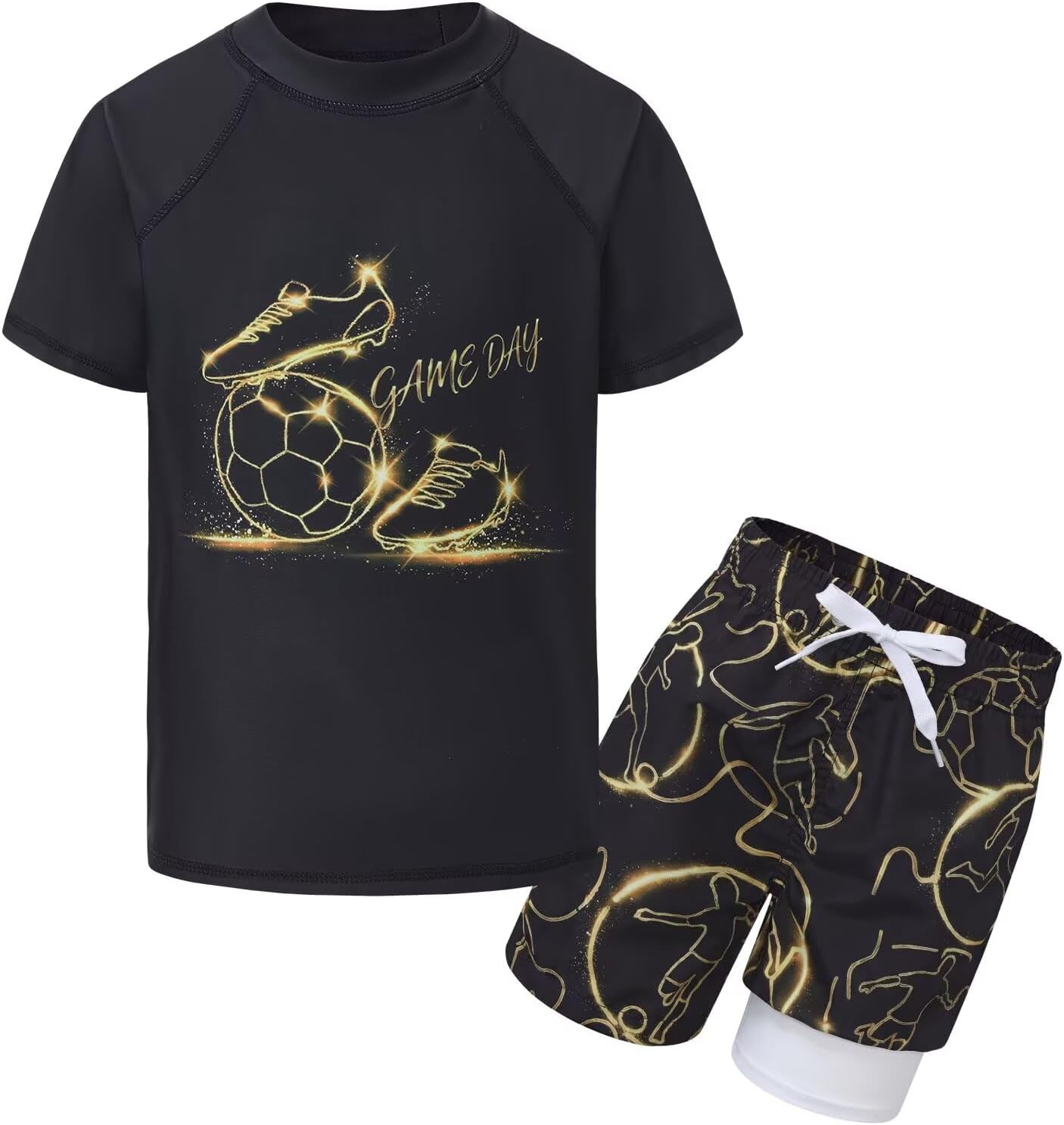 Boys Swim Set, Rash Guard Swimsuits Set Short Sleeve Bathing Suit with Compression Liner Swim Trunks Swimwear 3-16 Years