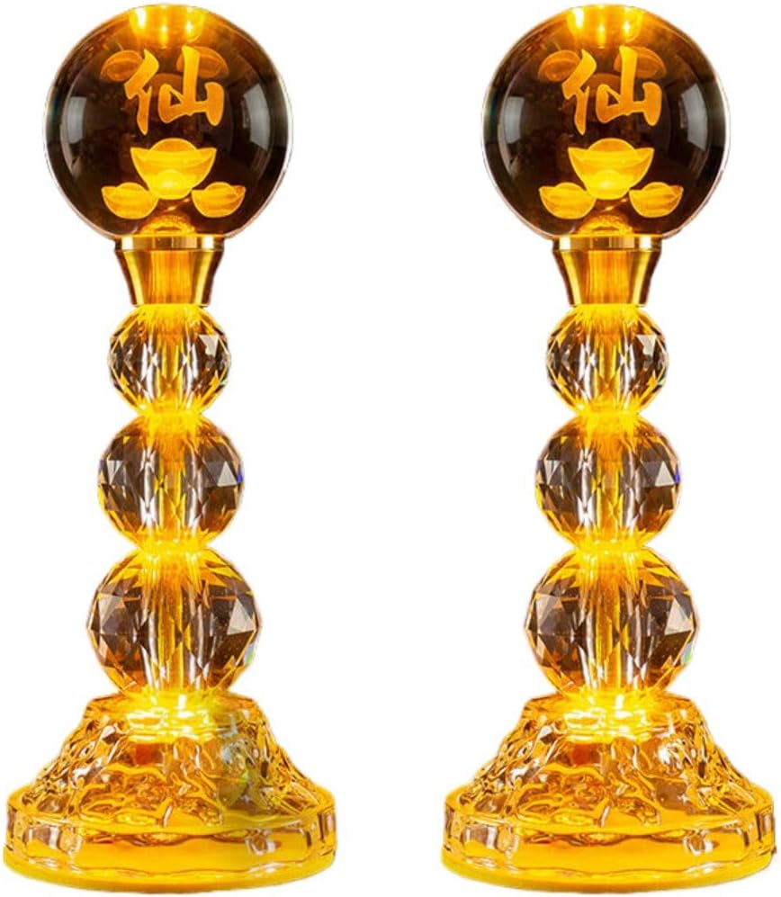 Ecqizer （ 三珠大号仙字球[单一颜色黄光] 一对 高35.5CM ） Crystal lotus lamp Bodhisattva plug-in Buddha lamp lotus lamp Guanyin ever-bright lamp Buddha front lamp colorful lamp LED pair, 9113036677922