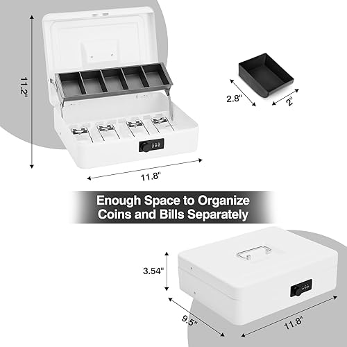 Miniatura 8 de Caja de dinero grande con cerradura de combinación y bandeja para dinero, caja de dinero portátil con bandeja para efectivo, caja fuerte con