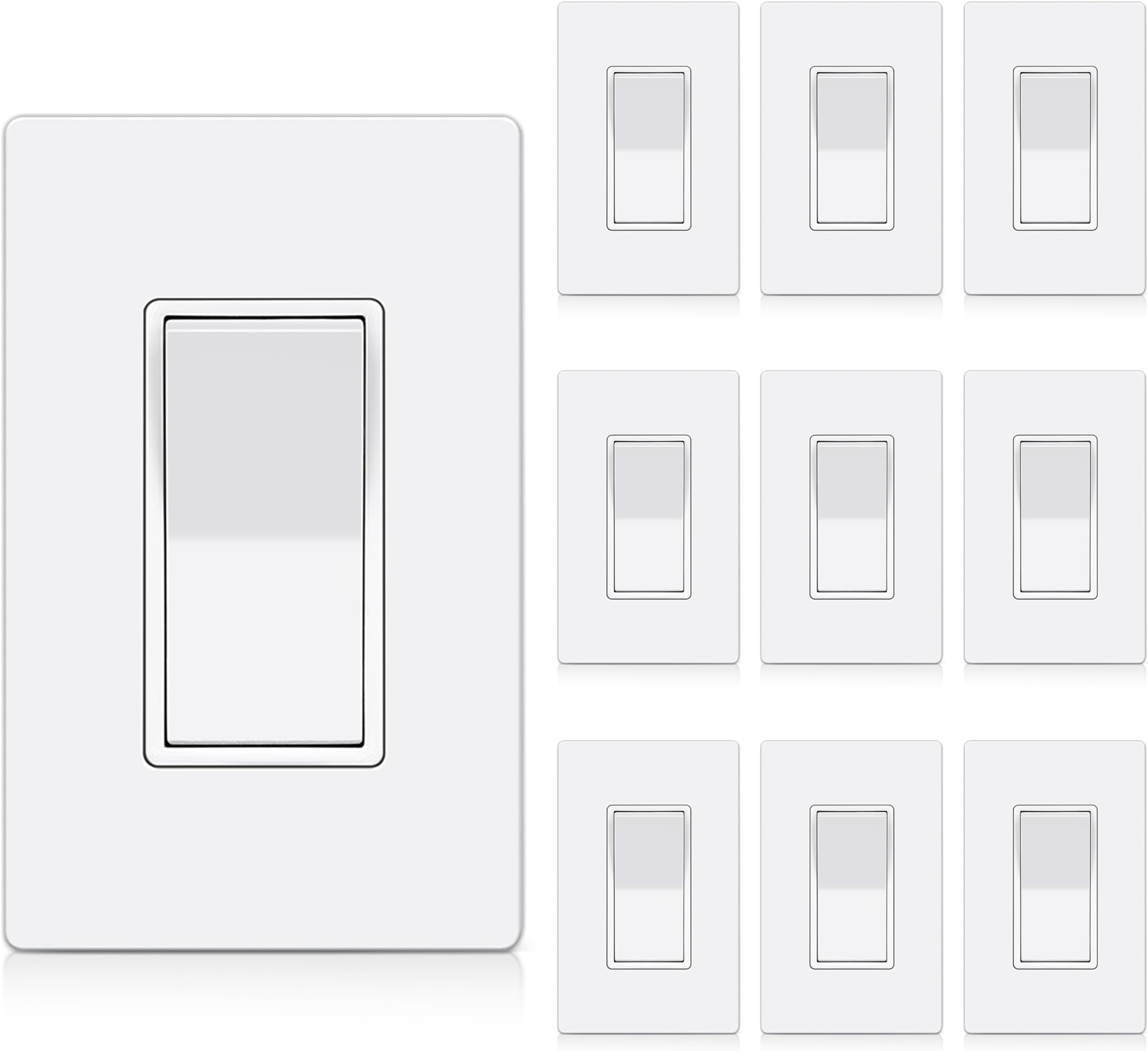 BESTTEN 10 Pack Single Pole Decorator Wall Light Switch with Screwless Wallplate, 15A 120/277V, On/Off Paddle Rocker Interrupter, UL Listed, White