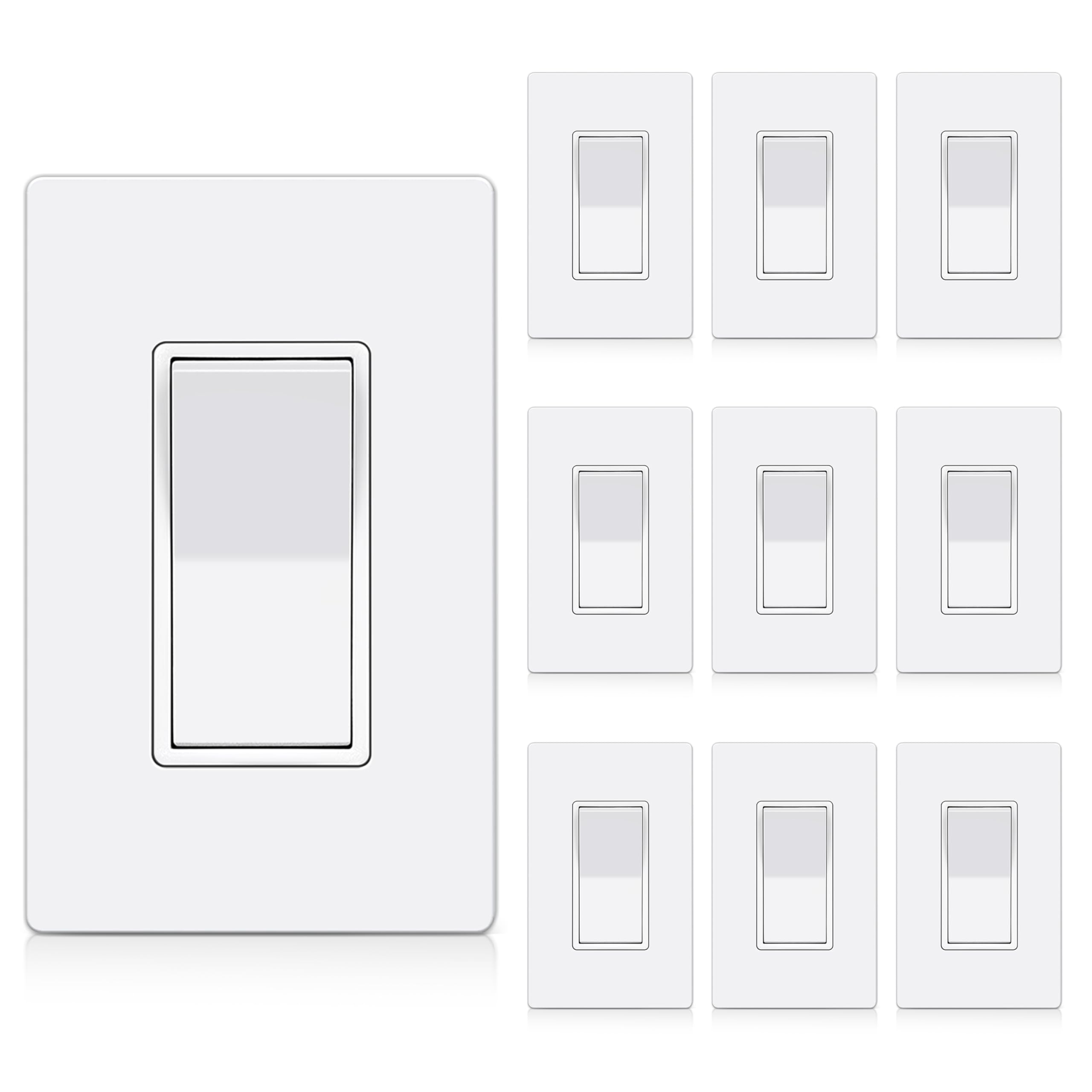 BESTTEN 10 Pack Single Pole Decorator Wall Light Switch with Screwless Wallplate, 15A 120/277V, On/Off Paddle Rocker Interrupter, UL Listed, White