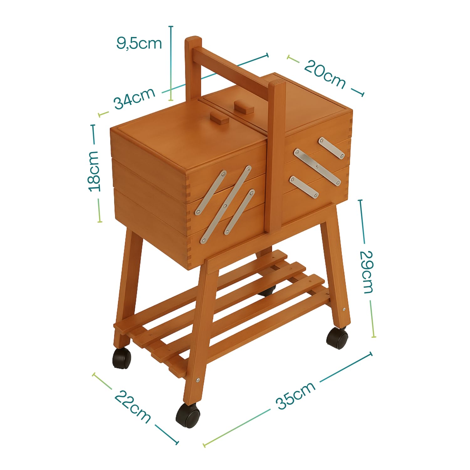 Paluplus Carrello Portacucito in Legno con Ruote, Misura 34x23x57 cm, Cestino a Scaletta a 3 Piani con 5 Scomparti per accessori cucito, sartoria e fai da te, Made in Italy -010F -5,4 (Noce)