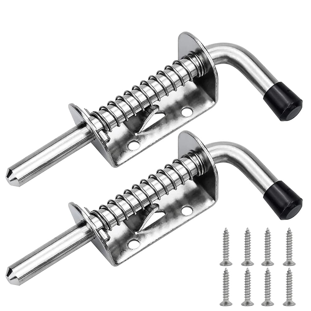 IMAGINE 2-Pack 5-Inch(128mm) Heavy Duty Spring Loaded Latch Pin with Grip - Stainless Steel Barrel Bolt for Doors, Garage, Shelves, and Yard Gates – Includes 8 Screws (Stainless Steel)