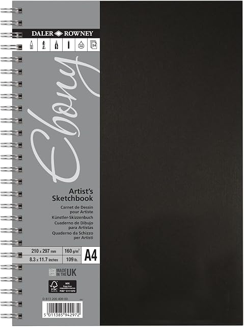 Daler-Rowney Ebony 160gsm A4 Lightly Textured Portrait Hardback Sketchbook, Spiral Bound, 50 White Sheets, Ideal for Professional Artists