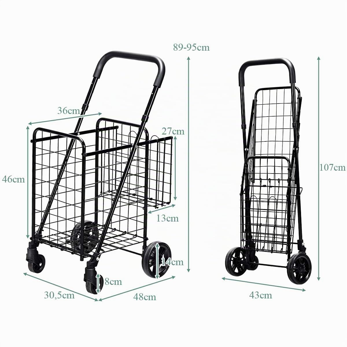 COSTWAY Carro de Compras Plegable de Doble Cesta, Carro de la Compra Portátil con Ruedas, Manija Ajustable, para la Lavandería 35,5 x 30,5 x 46 cm (Negro)