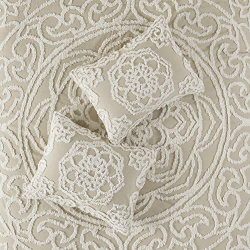 Image of Madison Park Laetitia Comforter Bohemian Tufted Cotton Chenille, Medallion Shabby Chic All Season Down Alternative Bed Set with Matching Shams, Floral Taupe Full /Queen(90 inchx90 inch) 3 Piece