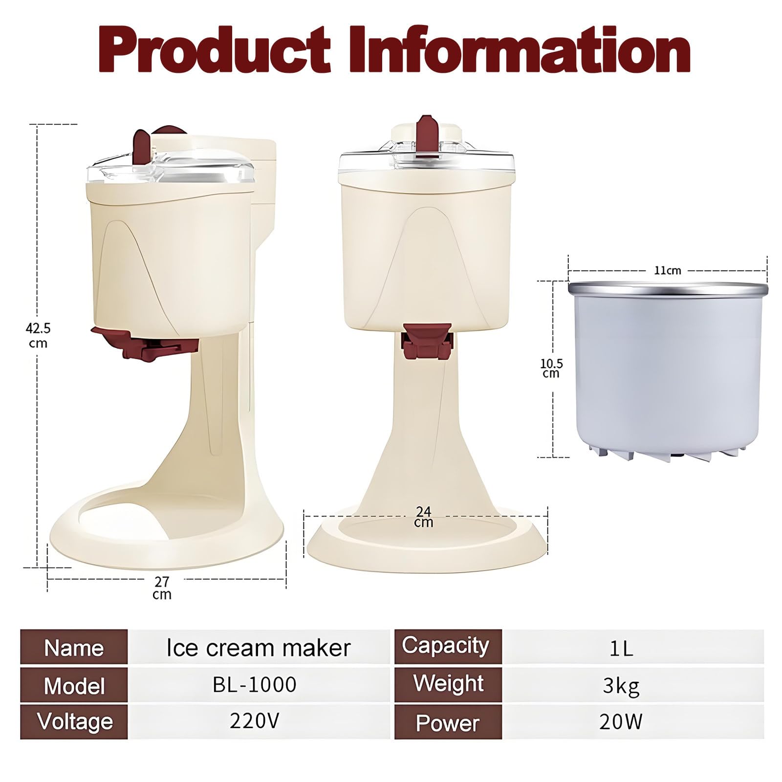 Máquina Helado Suave 1l,Heladera Semiautomática,Preparación En 10 Minutos,Funciona para Yogur Helado,Sorbete Y Postres Congelados Saludables,Ideal para Cocina Casera DIY