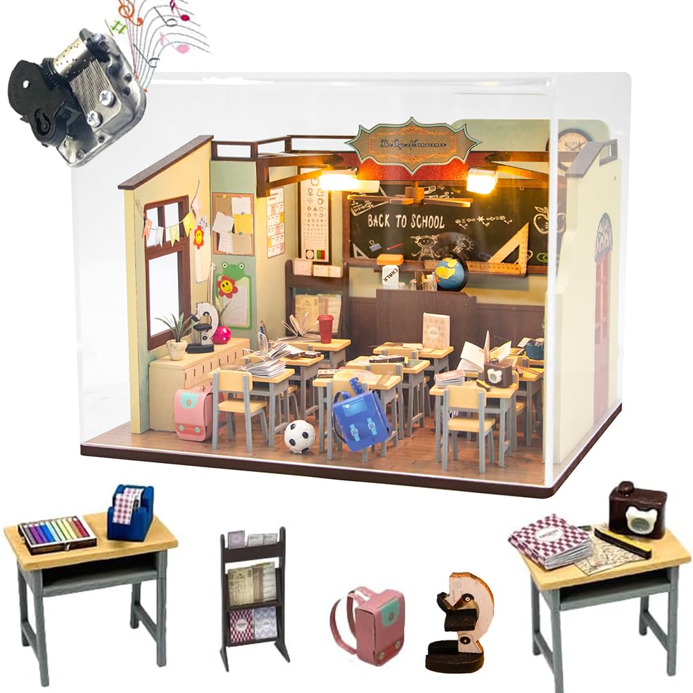 Cjeuxnr DIY Dollhouse Kit Miniature Classroom Wooden Model Handmade Room Building Set, with LED Lights and Music for Friends Teachers Best Graduation