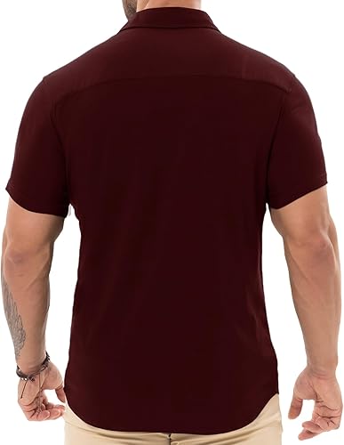 Miniatura 6 de Askdeer Camisas de ajuste muscular para hombre, sin arrugas, manga corta, casual, elástica, ajustada, con botones