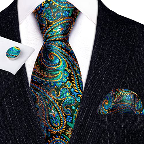 Image of Barry.Wang Classic Mens Ties Silk Necktie Pocket Square Cufflinks Set Woven Designer Wedding Business