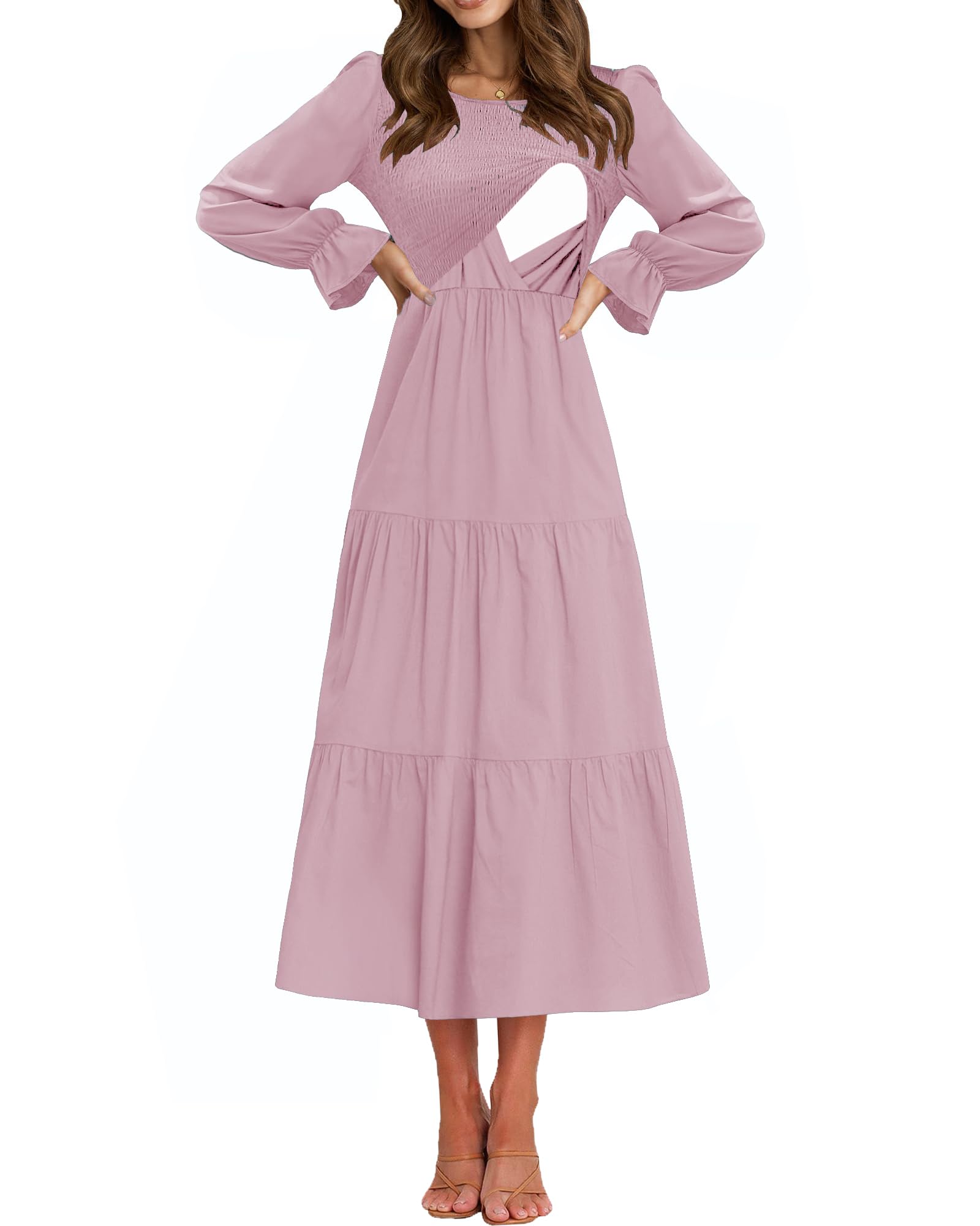 CzzzyL Women's Nursing Dress Flounces Long Sleeve Crew Neck Smocked Bodice Ruched Elastic Waist Tiered Midi with Pockets
