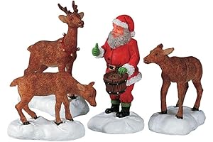Lemax Christmas Village Animated Santa Feeds the Reindeer - Set of 4, 12" Scale