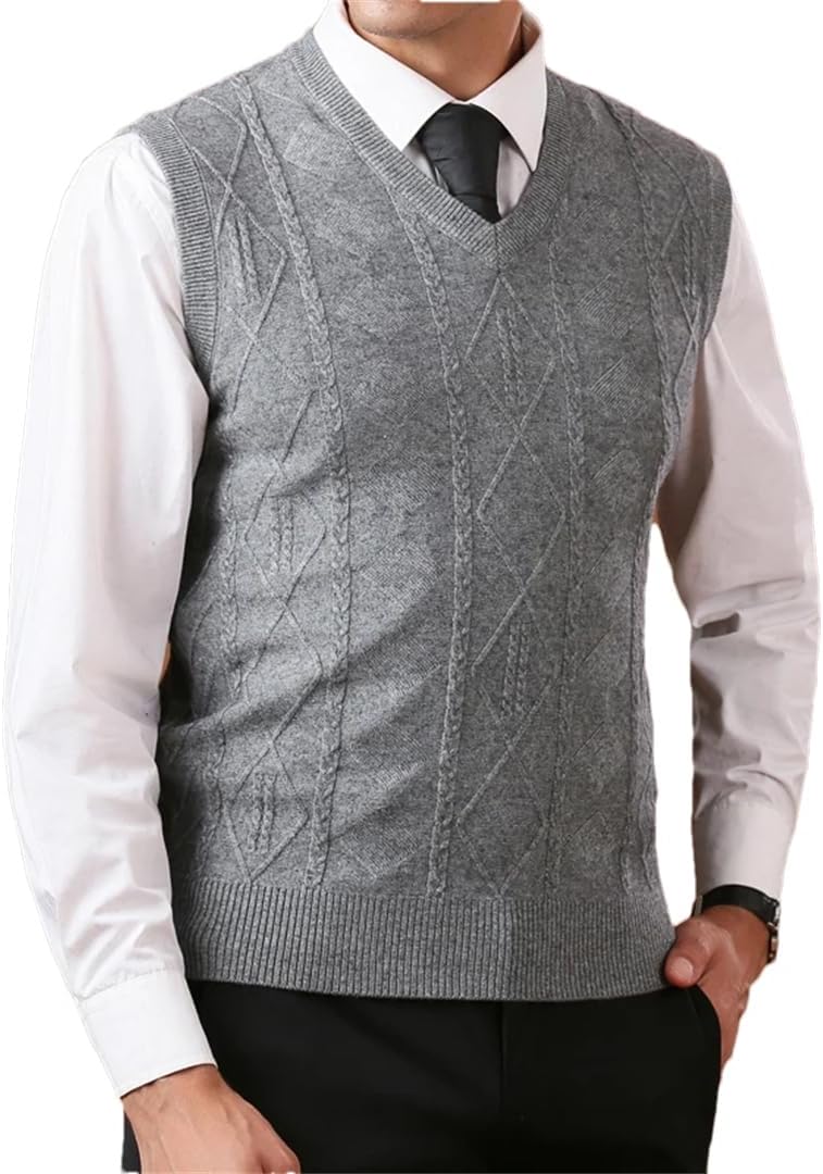 Men's V Neck Argyle Business Sleeveless Wool Knit Tank Sweater Vest Tank Tops