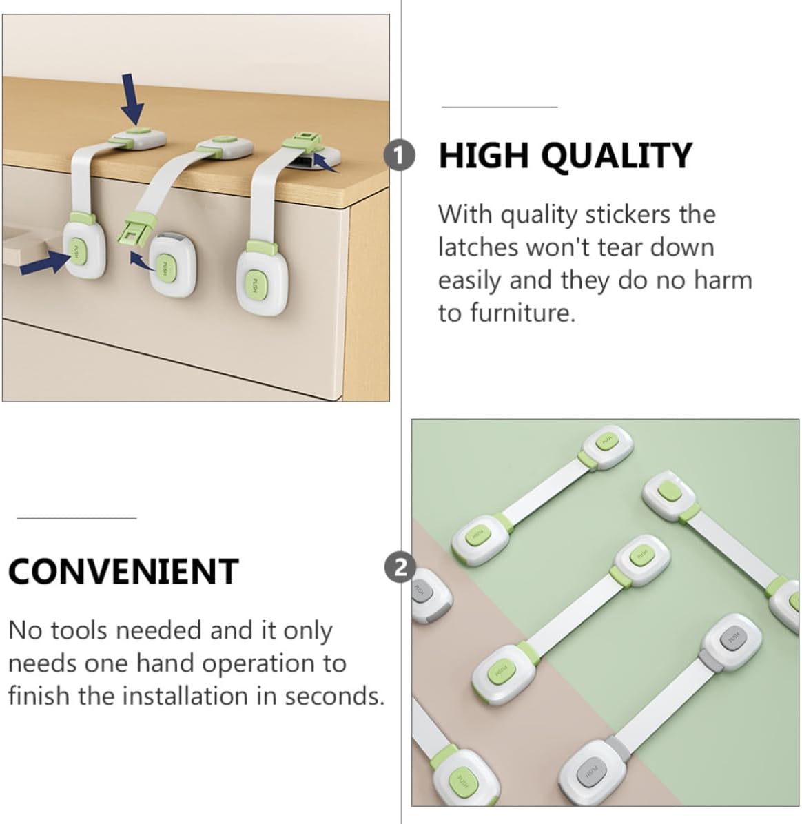 Wakauto 4pcs Childproof Cabinet Locks with Adhesive Backing, Proof Latches for Safety, Abs and Pe Material Strap Locks to Protect Appliances and Toilet Seat