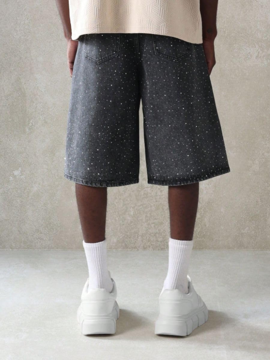 Men's Baggy Jean Shorts Black Rhinestone Embroidered Jorts Loose Fit Denim Shorts Crystal Studs Casual Streetwear - Image 3