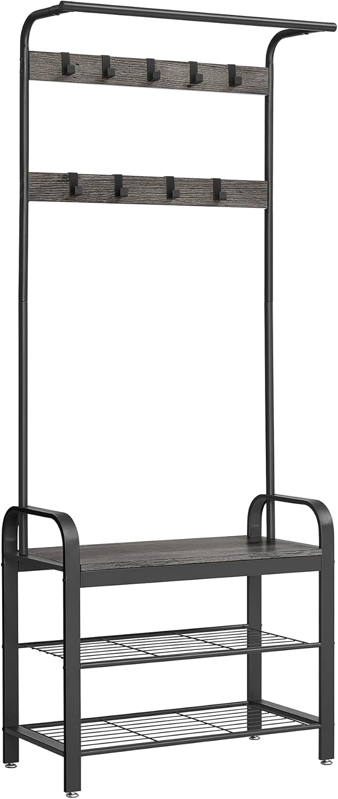 VASAGLE Coat Rack, Hall Tree with Shoe Bench for Entryway, Entryway Bench with Coat Rack, 4-in-1, with 9 Removable Hooks, a Hanging Rod, 13.3 x 28.3 x 72.1 Inches, Greige and Black UHSR40MB