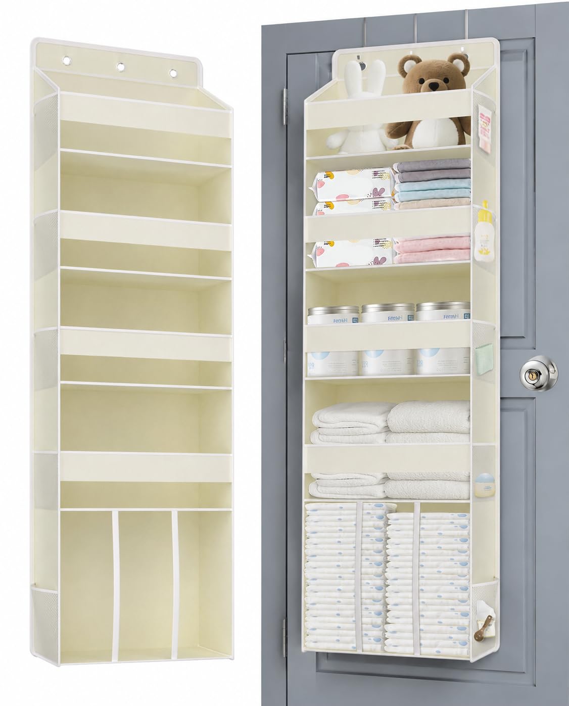TAHAVICE 5-Shelf Over Door Storage Organiser with 10 Mesh Side Pockets, 40 lbs Load Baby Nappy Storage with Clear Window, Behind Door Hanging Storage for Laundry Bathroom Nursery Bedroom, Beige