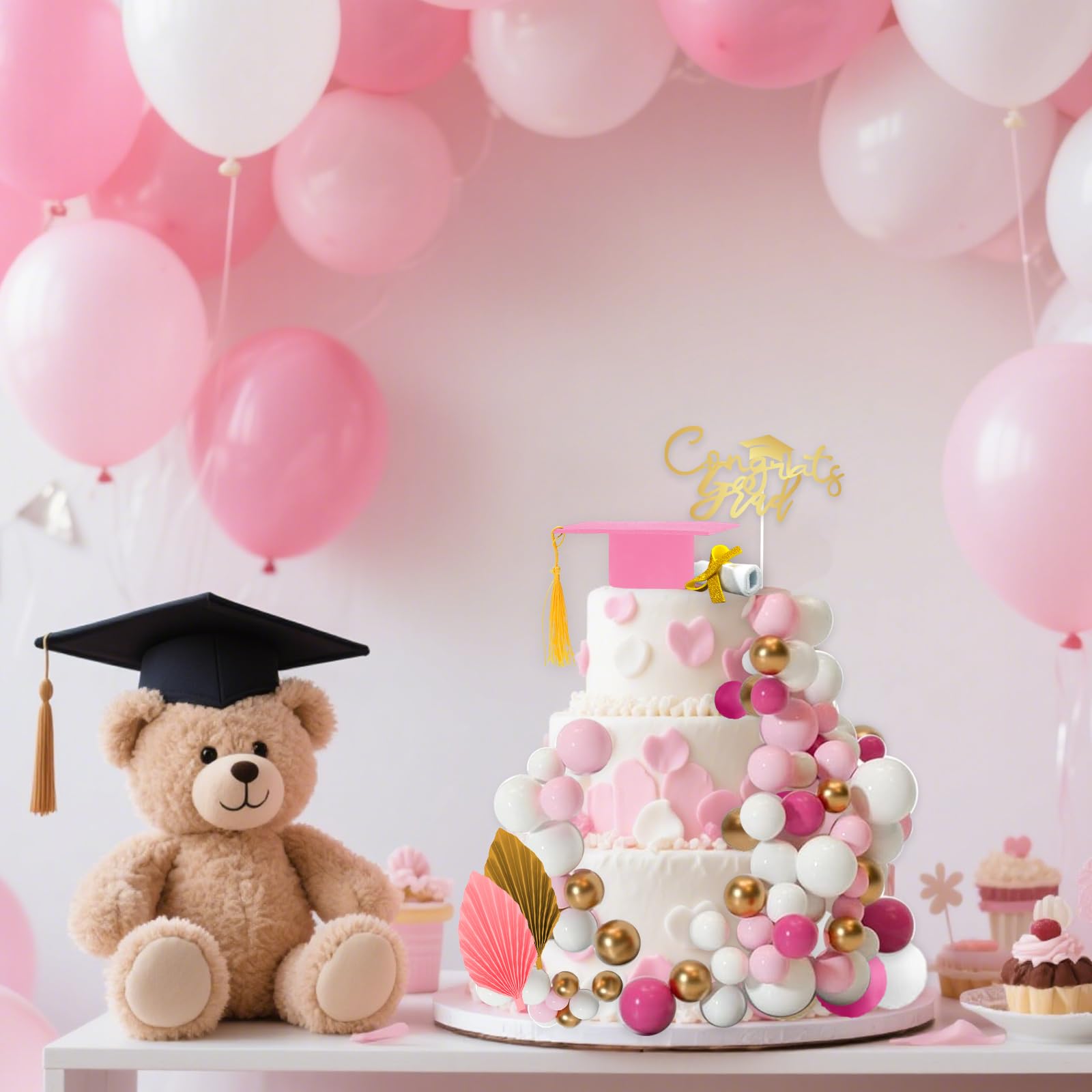 Graduation Cap Cake Topper Set With Flowers & Gold Balls – Blue, For Graduation, Wedding, Birthday Party Decor - View #8