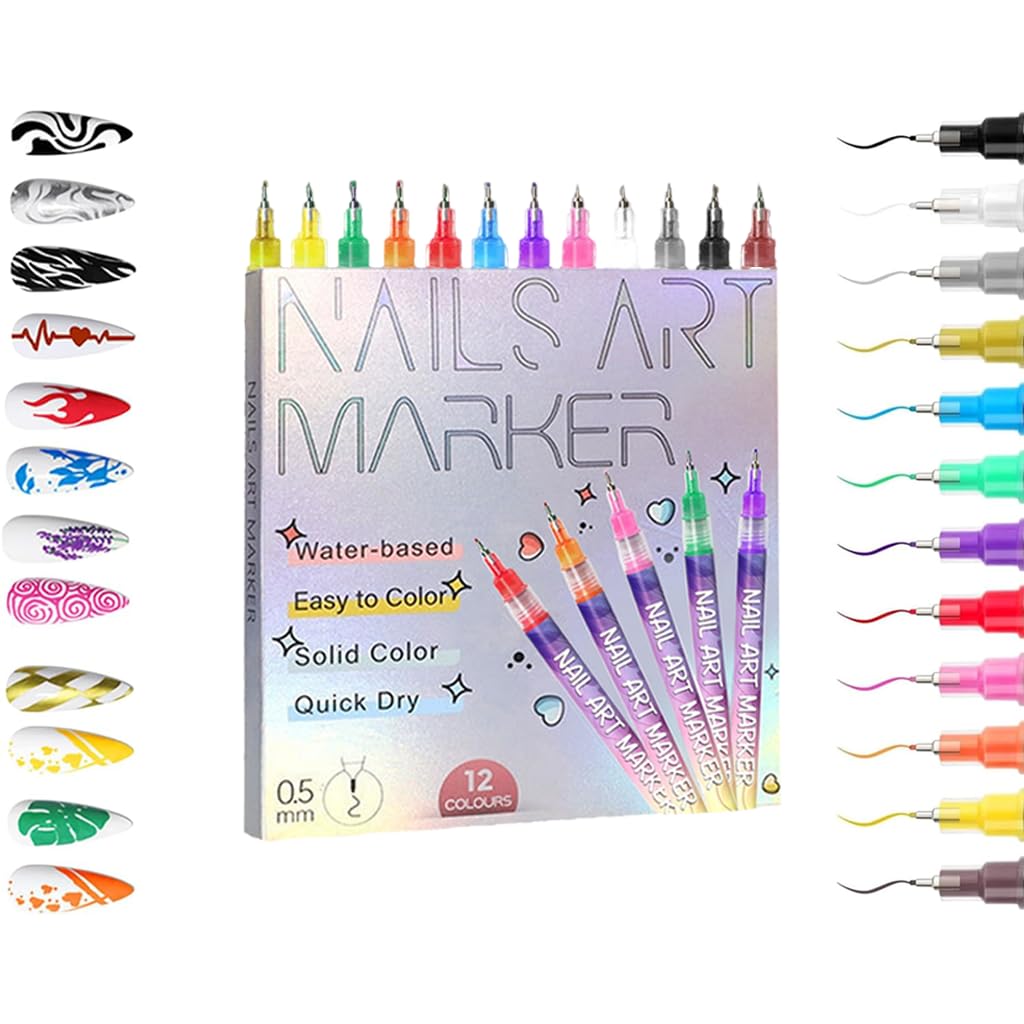 Nail Art Pens Kit Quick Dry Nail Polish Pens in 12 Colors Easy Art Markers for DIY Nails