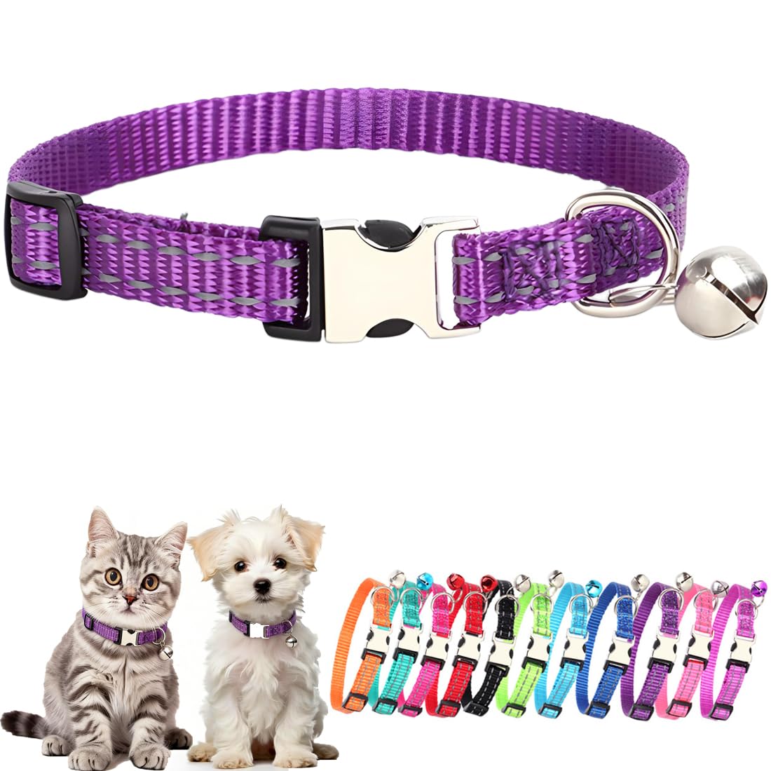 Purple Small Dog Collar With Bell, Reflective Puppy Collar Metal Buckle Cat Collar With Bells Adjustable For XXS XS Tiny Little XSmall Breed Dogs Kitten Boys Girls Male Pets Like Chihuahua, X-Small