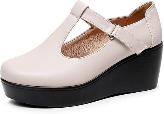 EnllerviiD Women Wedge Heel Mary Janes with Adjustable T-Strap Platform Mid-Heel Daily Business Office Formal Shoes