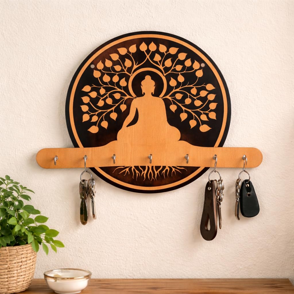 CraftVatika Wooden Key Holder for Home Decor Items, Key Hanger Wall Mounted Decoration Handicraft Key Chain Stand Wood Keys Organizer 6 Stainless Steel Hook Decorative Items for Home Decor, Wall Decor-image-40