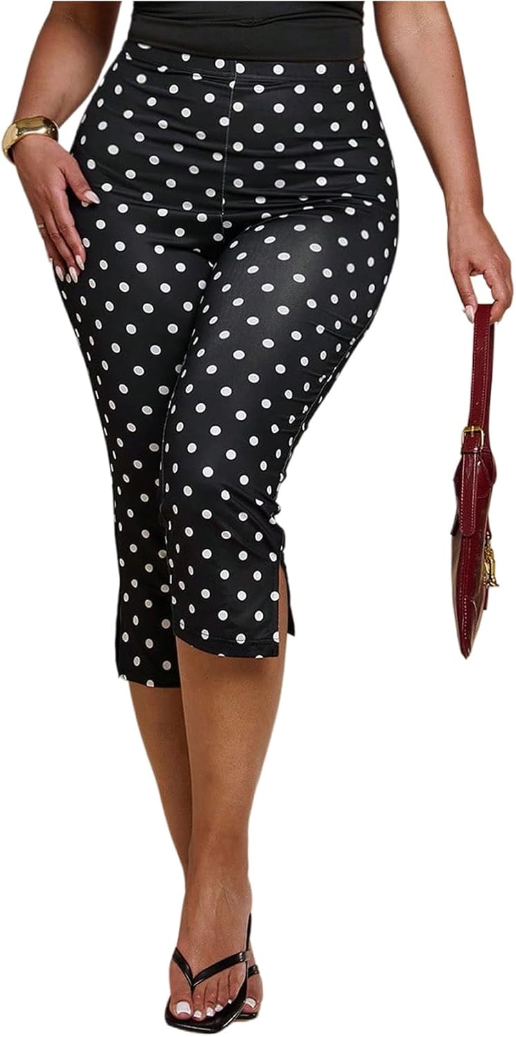 Floerns Women's Plus Size Polka Dots Stretchy Capri Leggings High Waisted Slit Side Skinny Cropped Pants