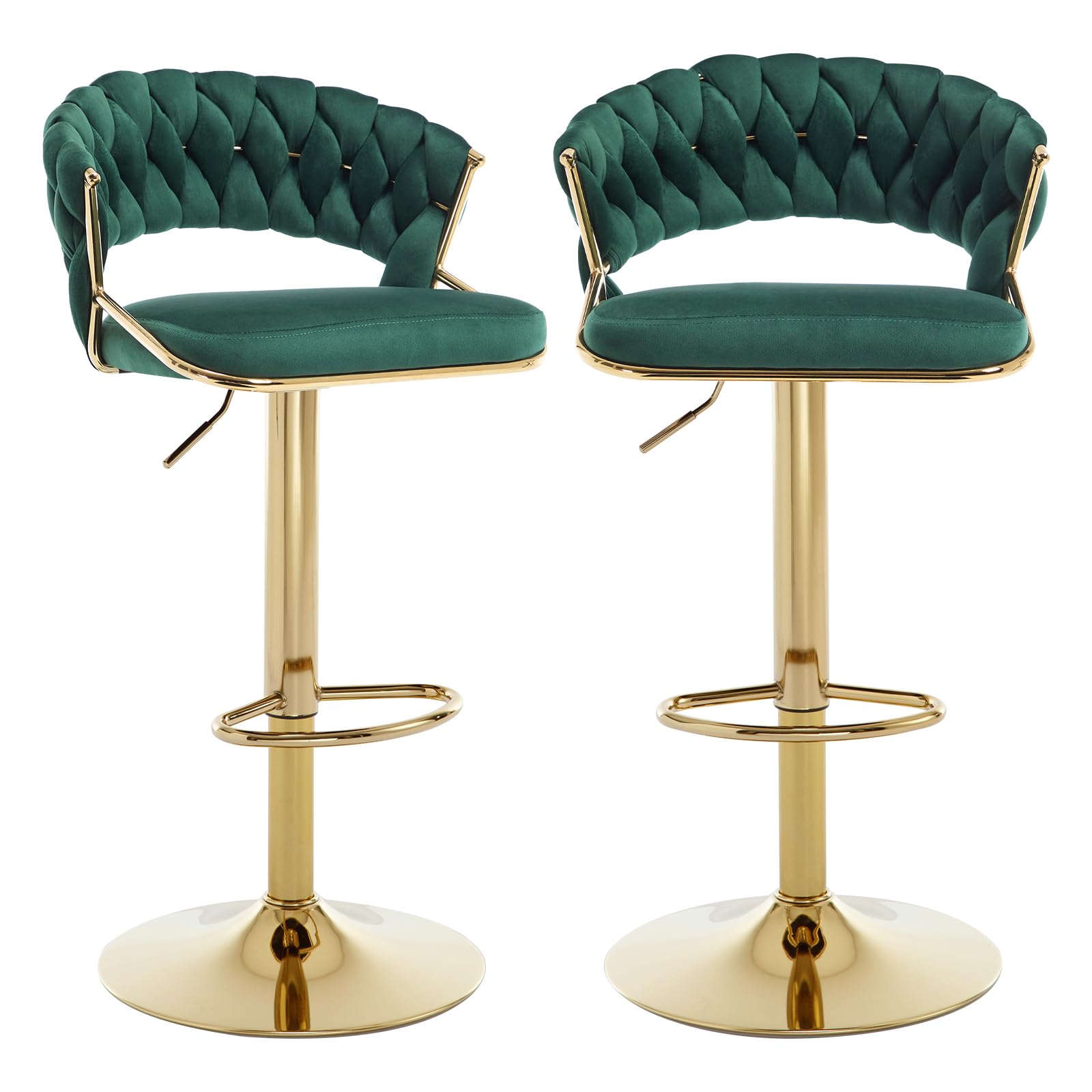 Relbiety Bar Stools Set of 2 Height Adjustable with Woven Backrest Velvet Padded, 360° Swivel Breakfast Chairs Barstools Counter Height for Home Kitchen Counter Pub Bar, Green