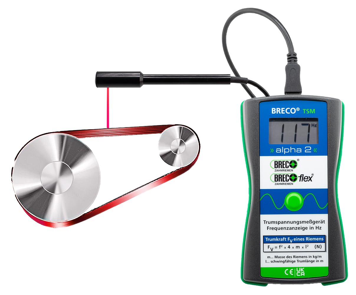 Breco® Trumspannungsmessgerät TSM alpha 2 Riemenspannungsmessgerät, Messbereich 5-500 Hz, 3-stellige LCD-Anzeige, externer Sensor mit Ø 15,5 mm und 125 mm Länge, Anschlusskabel mit Mini-USB-Buchse