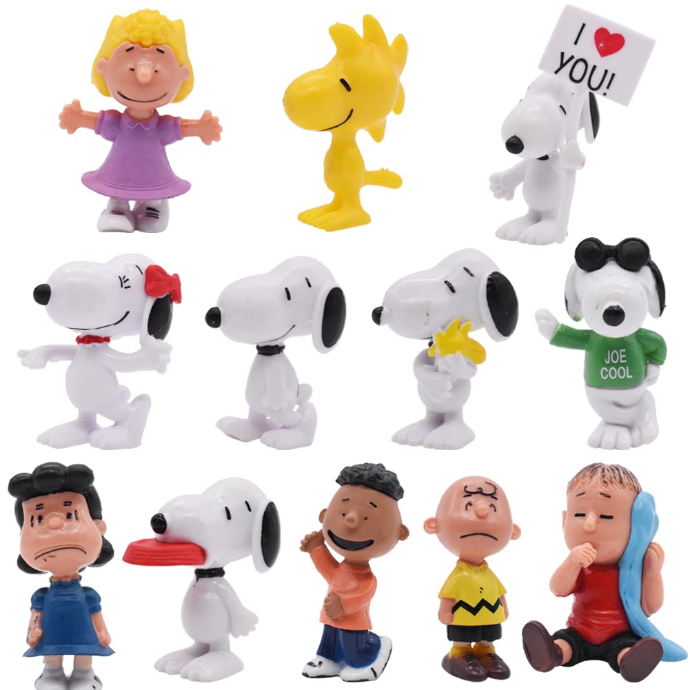 SFODTNSnoopy Mini Figures Cake Decoration Figurine Happy Birthday Party Supplies Cake Decorations Cupcake Figurines for Girl Women Birthday Baby Shower Party 12Pcs