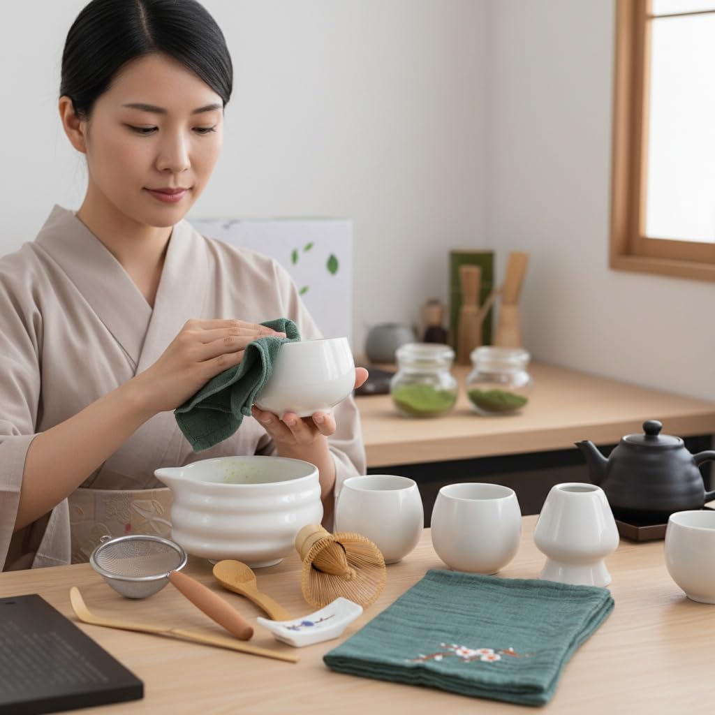 Matcha Tool Set, 10 Piece Traditional Japanese Tea Ceremony Kit with Bamboo Whisk, Ceramic Bowls, Cups, Strainer, Spoons, Holder and Cloth (white)